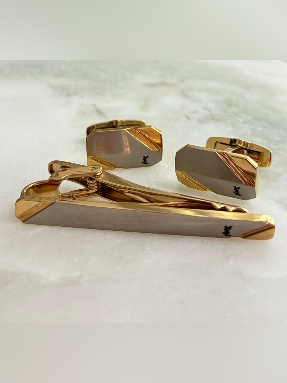 YSL Vintage Cuff Links & Tie Clip Set